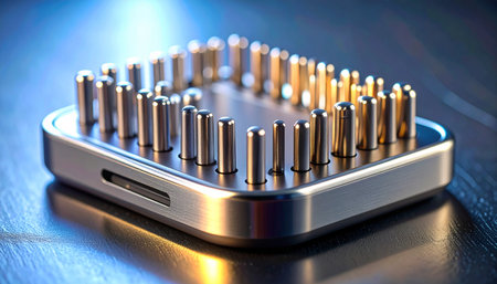 A precisely machined metal component stands ready for assembly, its polished surfaces reflecting cool blue and warm gold light. This single part represents the pinnacle of modern engineering, a testament to accuracy and innovation in advanced manufacturing.の素材