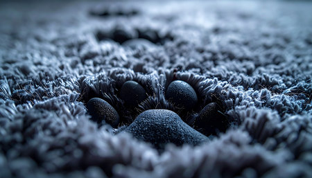 In the quiet, cool light of dawn, a single paw print remains pressed into the thick carpet fibers. A silent testament to a beloved pets presence, leaving a lasting impression and a sense of quiet companionship in the home.の素材