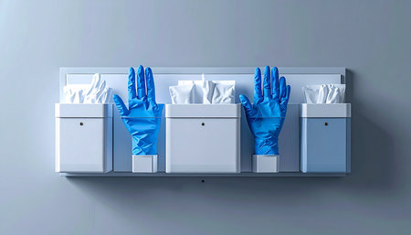 A wall-mounted dispenser in a modern medical facility holds essential personal protective equipment. Blue nitrile gloves and sterile wipes are neatly organized, symbolizing a commitment to hygiene, safety, and preparedness. This clean, minimalist setup represents the precision and order required in healthcare and scientific environments.の素材