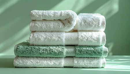 A neatly folded stack of plush green and white towels sits in the soft morning light, casting gentle shadows. This serene scene evokes a sense of calm, cleanliness, and the simple luxury of a spa day at home, ready for a moment of peaceful self-care.の素材