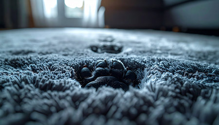 In a quiet moment of a household game, a playful cats paw emerges from the deep, soft fibers of a shaggy gray carpet. This close-up shot captures the mystery and curiosity of a pet hiding in plain sight, creating a sense of warmth, comfort, and playful suspense.の素材