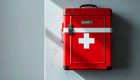 A bright red first aid kit stands ready against a stark, minimalist wall. Bathed in strong side light, it symbolizes safety, preparedness, and immediate response for any medical emergency.の素材