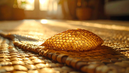 A traditional woven hat rests on a textured mat, bathed in the warm, golden glow of morning sunlight. The scene evokes a sense of peace, nostalgia, and the quiet beauty of a simple, rustic lifestyle.の素材
