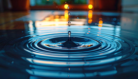 A single, perfect droplet of water makes contact with a still surface, sending out a series of concentric ripples. This moment captures the concept of cause and effect, where a small action can have a far-reaching impact. The warm, glowing lights in the background add a sense of tranquility and hope.の素材