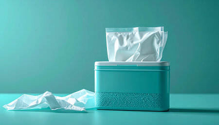 A single tissue offers a moment of gentle relief and comfort. Set against a calming teal background, this modern tissue box is a symbol of care, hygiene, and soothing support during allergy season or a common cold.の素材