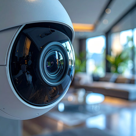 A state-of-the-art surveillance camera silently watches over a modern, sunlit office lobby. Its lens represents the intersection of technology and security, providing peace of mind and constant vigilance in a corporate environment.の素材
