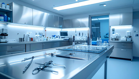 In the cold, blue glow of a state-of-the-art facility, surgical instruments lie meticulously arranged on a stainless steel table. The sterile environment is poised for a critical procedure, whether for a groundbreaking scientific discovery or a detailed forensic investigation.の素材