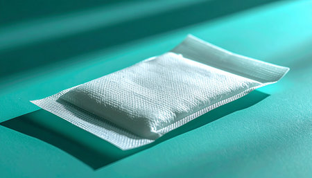 A single, sterile absorbent pad rests on a clean teal surface, its pristine white form highlighted by dramatic lighting. This minimalist composition evokes a sense of modern healthcare, protection, and the quiet readiness for healing and recovery.の素材