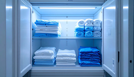 Inside a state-of-the-art medical cabinet, sterile surgical supplies are bathed in the cool, blue glow of a UV disinfection lamp, meticulously organized and ready for a critical procedure. This scene embodies the pinnacle of healthcare hygiene, safety, and preparedness.の素材