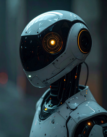 In a dimly lit futuristic setting, an advanced humanoid robot stands in profile, its glowing optical sensors analyzing the environment. This image represents the forefront of artificial intelligence, robotics, and the future of autonomous technology.の素材