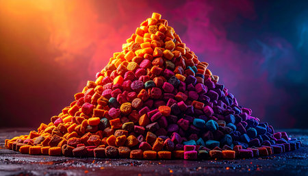 A towering mountain of colorful, nutrient-rich pet food kibble glows under dramatic, vibrant lighting. This abstract image represents the peak of pet nutrition, abundance, and the premium quality ingredients that go into a healthy, balanced diet for beloved dogs and cats.の素材