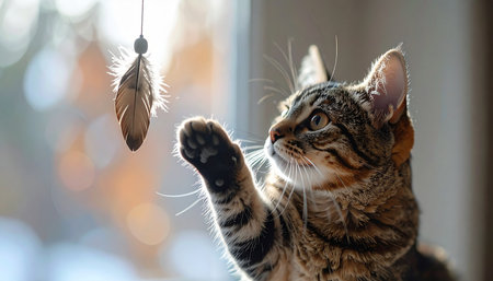 A curious tabby cat, bathed in the soft, warm light from a nearby window, playfully reaches out with its paw to catch a dangling feather toy. This charming moment captures the simple joys of a pets life, showcasing instinct, focus, and domestic comfort.の素材