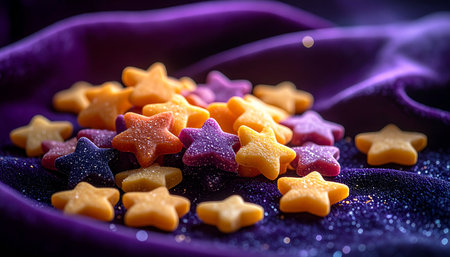 A cluster of sweet, star-shaped candies rests upon a shimmering, deep purple fabric, like a tiny galaxy of edible constellations. The magical, glittery background creates a whimsical and enchanting scene, perfect for themes of celebration, fantasy, and sweet dreams.の素材
