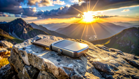 Perched on a rugged summit, a satellite phone catches the first rays of dawn. It stands as a symbol of modern safety and connection, ensuring a lifeline is always available even in the most remote and breathtaking wilderness. A testament to preparation for any adventure.の素材