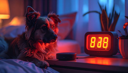A loyal dog rests peacefully on a bed in a modern bedroom, illuminated by the warm glow of a digital alarm clock and ambient smart lighting. A smart speaker sits on the nightstand, symbolizing a connected and comfortable home environment.の素材