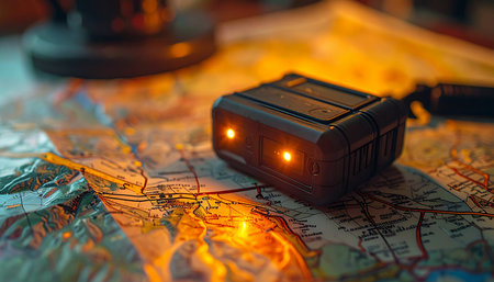 In the dim, warm light of a command center, a tactical GPS beacon activates, its indicator lights glowing steadily. It rests on a detailed topographical map, marking a critical point for an upcoming mission, blending strategy with modern survival technology.の素材
