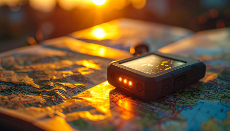 A modern GPS device rests on a colorful map, its indicator lights glowing warmly in the golden light of a setting sun. This scene evokes a sense of adventure, planning the next days journey, and the intersection of technology and exploration.の素材
