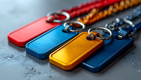 A vibrant collection of blank metallic key fobs lies ready for purpose. Each color could represent a different level of access, a unique team, or a personalized membership, symbolizing modern security, identity, and organized entry systems.の素材