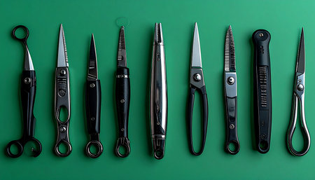 A meticulously arranged collection of specialized precision tools lies ready on a calm green surface. Each instrument, from the finest tweezers to the sharpest snips, tells a story of patience, skill, and the art of creating or repairing something intricate and valuable.の素材
