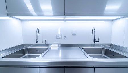 In a pristine, brightly lit facility, dual stainless steel sinks stand ready for use. The cool, even lighting reflects off the polished metal surfaces, emphasizing a commitment to hygiene, precision, and professional standards in a modern kitchen, lab, or medical facility.の素材