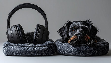 A cute black dog finds a moment of peace, resting in its plush bed next to a pair of modern wireless headphones. This charming and humorous scene evokes concepts of relaxation, personal audio entertainment, and the quiet companionship between pets and technology.の素材