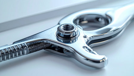 A detailed macro shot captures the intricate engineering and polished steel of professional hairdressing shears. The image highlights the precision and craftsmanship essential for the art of hairstyling, symbolizing skill, quality, and the clean, modern aesthetic of a high-end salon.の素材