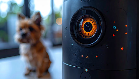 In a modern home, an advanced smart pet camera with an illuminated lens keeps a watchful eye on a small, beloved dog. This image represents the intersection of technology, home security, and pet care, showcasing peace of mind for owners away from home.の素材