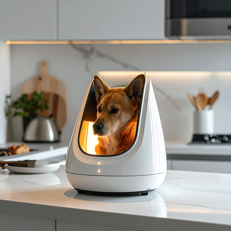 A small, contented dog finds the perfect sanctuary inside a futuristic, heated pet pod. Bathed in a warm, gentle glow, the canine relaxes in ultimate comfort on a modern kitchen counter, showcasing the pinnacle of innovative pet care and smart home technology.の素材