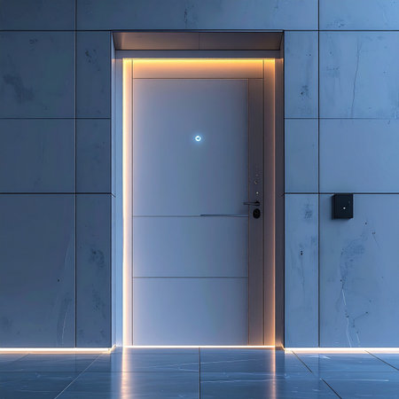 A soft, warm glow outlines a secure, high-tech entrance, creating a stark contrast with the cool, minimalist concrete surroundings. This doorway represents an exclusive passage to a world of innovation, privacy, and futuristic living.の素材