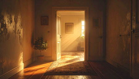 Golden hour sunlight streams through an open doorway, casting long shadows and illuminating the quiet air. This peaceful, nostalgic scene evokes a sense of home, memory, and the quiet beauty of a new day beginning or ending in a rustic, timeless interior.の素材