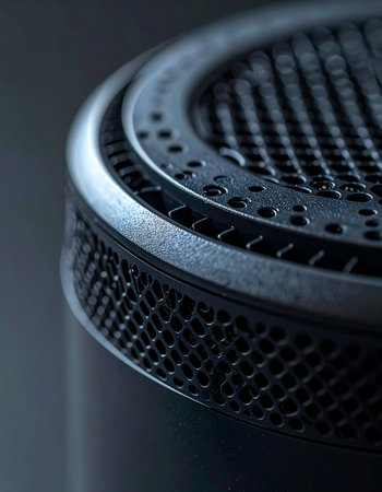 A detailed macro shot captures the intricate metallic grille of a professional condenser microphone. The dark, moody lighting emphasizes its sleek design and high-tech precision, evoking the atmosphere of a recording studio where powerful voices and clear sounds are captured.の素材