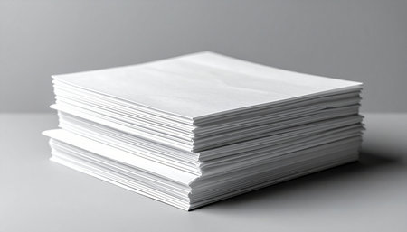 A clean, neat stack of blank white paper sits ready on a neutral gray surface. Each empty sheet represents a new opportunity, a fresh start, or the beginning of a project, waiting for ideas, words, or designs to bring it to life. The minimalist composition evokes a sense of order, potential, and the quiet before creation.の素材