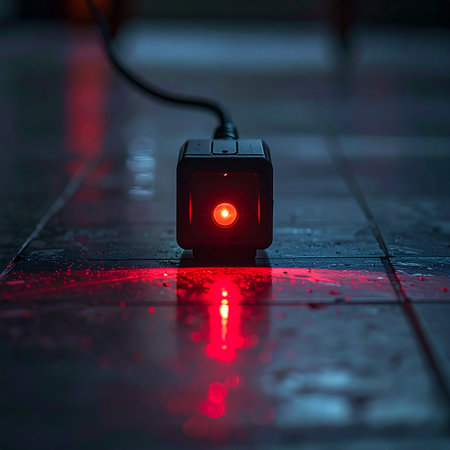In a dimly lit, futuristic setting, a small cubic sensor activates, its single red eye glowing intensely. The warning light reflects on the wet, tiled floor, hinting at a critical system monitoring data, a security alert, or a secret being recorded in the shadows.の素材