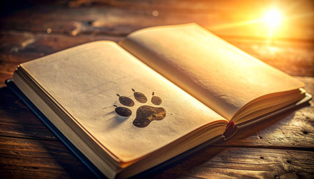 An ancient, open book lies on a rustic wooden table, bathed in the warm glow of a setting sun. A single, dark paw print marks a blank page, a mysterious clue left behind by a wild creature, hinting at an untold story of adventure and wilderness.の素材