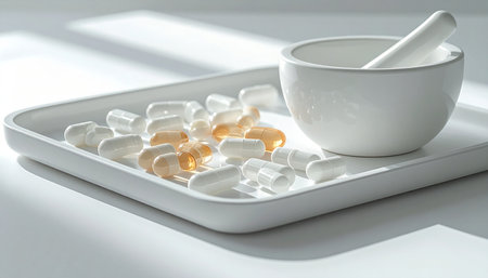 In a clean, sunlit laboratory, natural supplements are carefully prepared. A traditional mortar and pestle sit beside modern capsules, symbolizing the fusion of ancient wisdom and contemporary science in the pursuit of holistic wellness and personalized healthcare.の素材