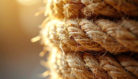 A detailed macro shot captures the intricate texture of a thick, natural rope. Bathed in the warm glow of golden hour sunlight, the fibers suggest strength, connection, and enduring reliability. The shallow depth of field creates a soft, contemplative mood, perfect for themes of teamwork, support, and resilience.の素材