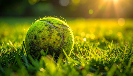 A well-used tennis ball rests in the lush green grass as the warm, golden light of sunset filters through the background. This peaceful scene captures a quiet moment of reflection after a long game, symbolizing rest, nostalgia, and the love of the sport.の素材