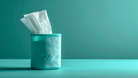 A single teal tissue box stands ready against a matching background, offering a moment of comfort and relief. This minimalist still life represents concepts of hygiene, personal care, and gentle support during times of sickness or sadness, with ample copy space for health and wellness messages.の素材