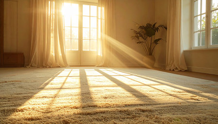 The first rays of dawn spill across the plush carpet of a quiet, empty room, casting long shadows and filling the space with a warm, golden glow. A scene of peaceful solitude and hopeful new beginnings.の素材