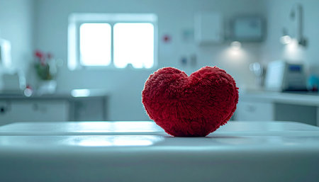 In the cool, sterile light of a modern kitchen, a vibrant red heart rests alone. This symbolic image evokes feelings of love, health, loneliness, and the search for warmth in an impersonal world, perfect for concepts related to healthcare or relationships.の素材