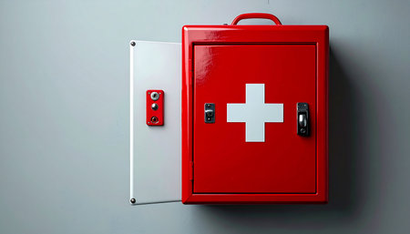 A bright red first aid kit is mounted on a plain gray wall, a symbol of preparedness and immediate care. Its presence offers reassurance, ready to provide essential medical supplies in case of an accident or emergency in a workplace or public space.の素材