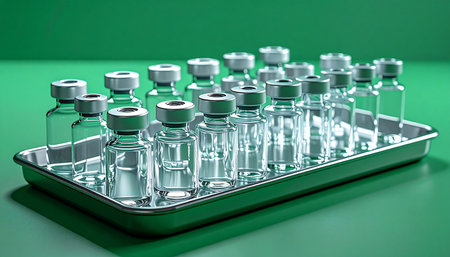 Rows of sterile glass vials stand ready on a stainless steel tray, awaiting their crucial contents. Set against a clean green background, this image symbolizes the final stages of pharmaceutical manufacturing and the hope of widespread vaccination and medical treatment.の素材