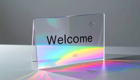A sleek, transparent plaque displays a warm Welcome, illuminated by a vibrant, holographic rainbow of light. This modern and futuristic design element evokes a sense of innovation, inclusivity, and a bright, positive reception.の素材