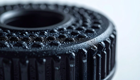 A macro photograph captures the intricate details of a black industrial component, its textured surface beaded with glistening water droplets. The stark white background isolates the object, emphasizing its precision engineering and the effects of condensation, suggesting a story of performance in a demanding environment.の素材