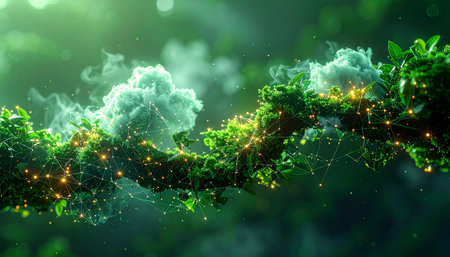 A vibrant, glowing strand of life, woven from lush green foliage and sparkling particles, twists through an ethereal mist. This abstract representation of a DNA helix symbolizes the intersection of nature, magic, and futuristic biotechnology, evoking concepts of growth, creation, and ecological innovation.の素材
