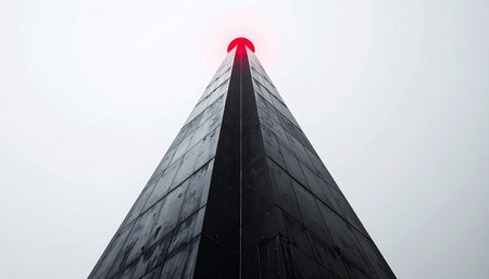 A low-angle shot captures the imposing presence of a modern, dark architectural structure piercing the overcast sky. At its very peak, a single red light glows, symbolizing a final destination, a critical warning, or the pinnacle of achievement.の素材