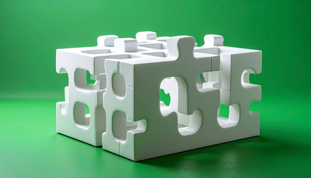 A complex white puzzle block stands as a single, unified structure against a vibrant green backdrop. Each interlocking piece represents a crucial component, highlighting the power of connection, collaboration, and strategic thinking to solve intricate problems.の素材