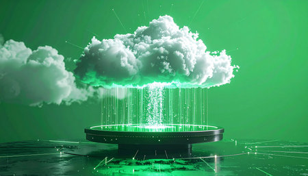 In a surreal digital landscape, a luminous cloud acts as a server, downloading a powerful stream of green data and sustainable energy onto a central hub. This conceptual image represents innovation in cloud computing, eco-friendly technology, and the future of information transfer.の素材