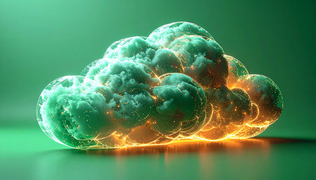 A luminous cloud of digital energy pulsates with a fiery orange core against a cool green backdrop. This abstract formation represents the birth of a new idea, a breakthrough in technology, or the raw power of cloud computing and data processing.の素材
