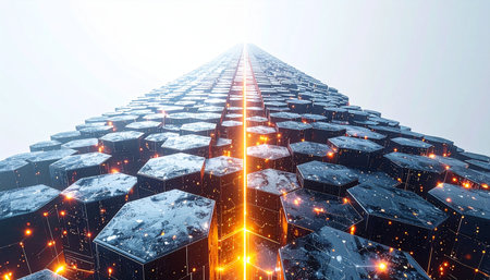 A powerful stream of glowing orange energy surges upwards along a vast, complex nanostructure. This represents the relentless flow of data and the rapid advancement of technology, symbolizing progress, innovation, and the infinite potential of the digital future.の素材